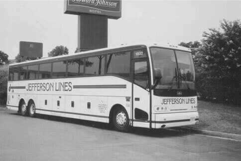 A black and white image of a Jefferson Lines bus from long ago