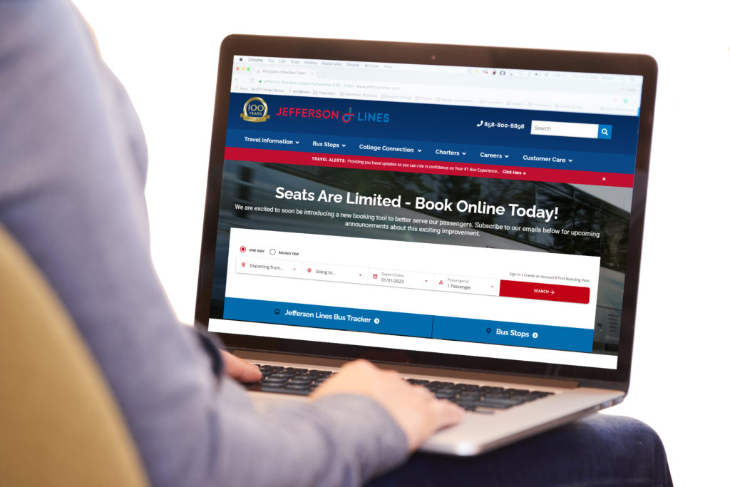 Customer purchasing a bus ticket using Jefferson Lines' booking tool.