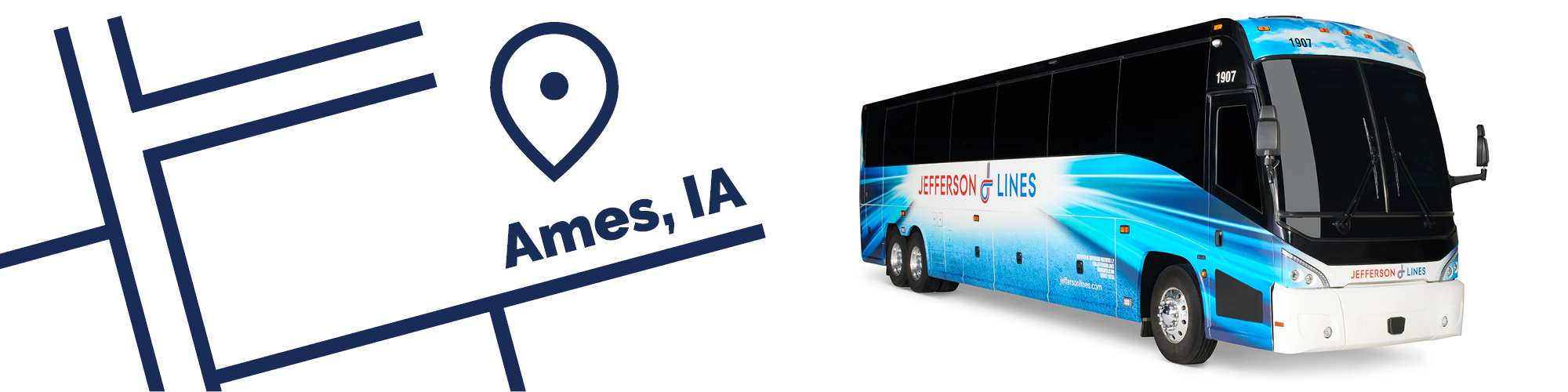 college connection banner for Jefferson Lines buses going to Iowa State University in Ames, Iowa