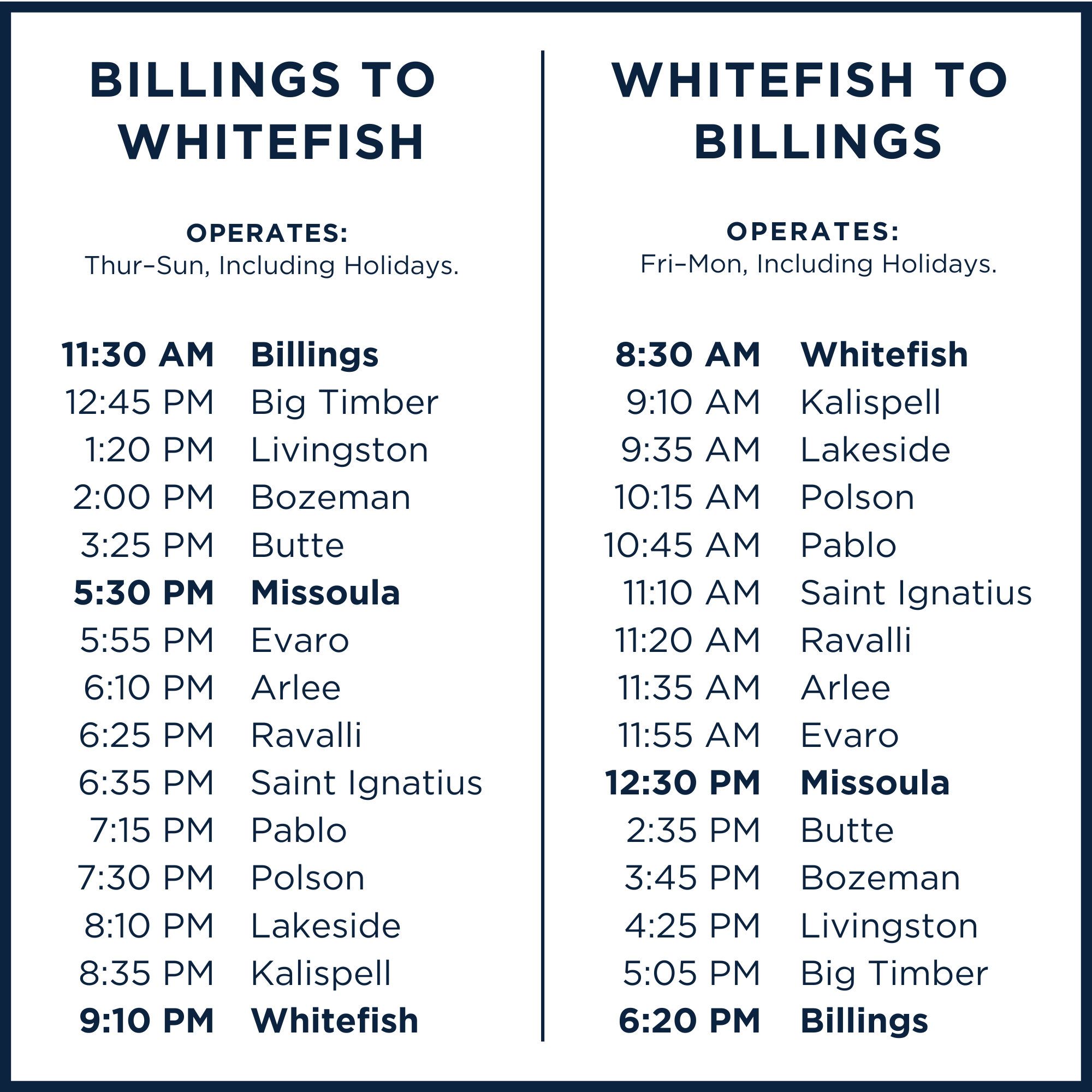 Whitefish, MT to Billings, MT Bus Schedule