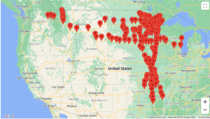 U.S. map of Jefferson Lines' bus stops
